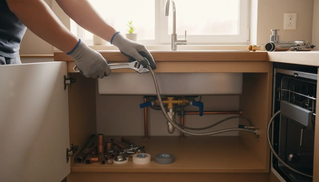 Montering af vandtilslutning under køkkenvask med synlige stophaner og tilslutning til opvaskemaskine.