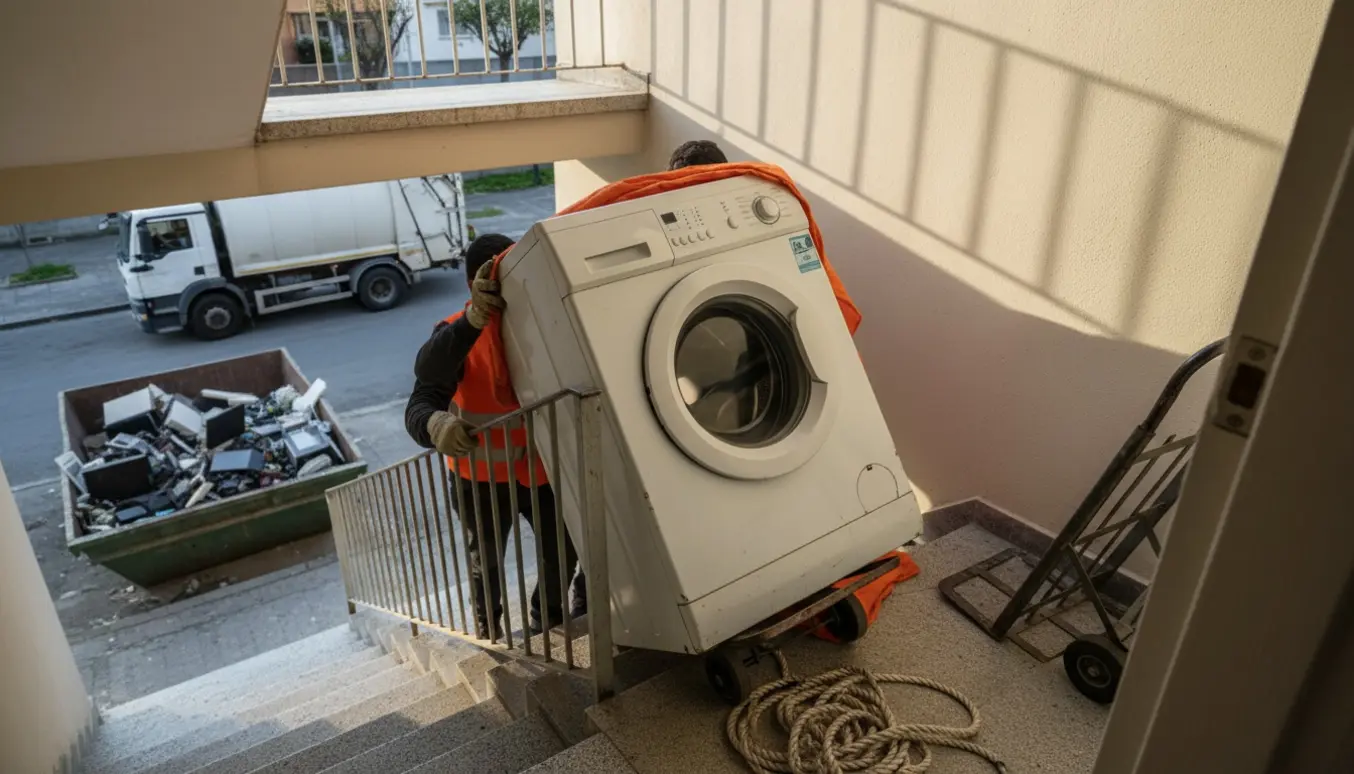 Vaskemaskine manøvreres ud af 2. sal i et lejlighedskompleks uden elevator med affaldscontainer nedenfor.