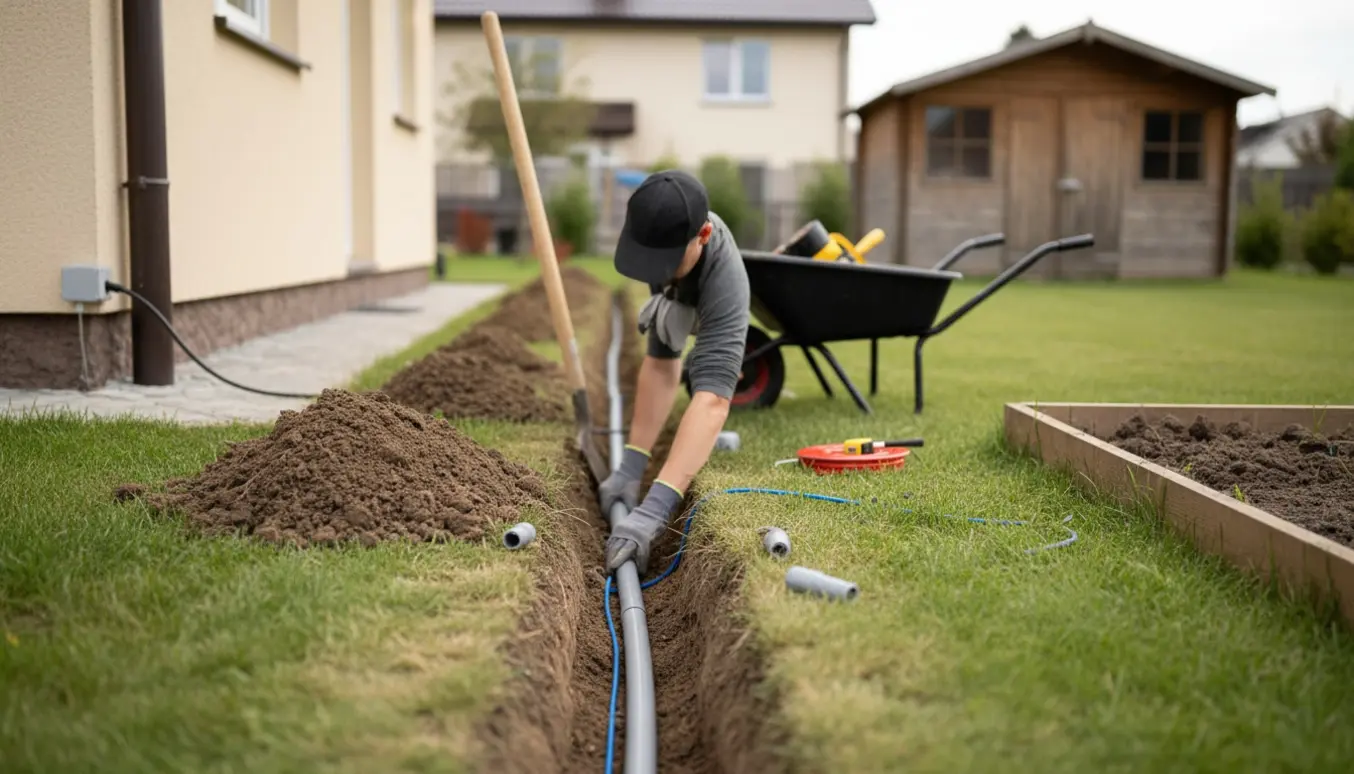 Udgravet rende i en have med kabelrør lagt fra husets kabeludgang mod et redskabsskur.