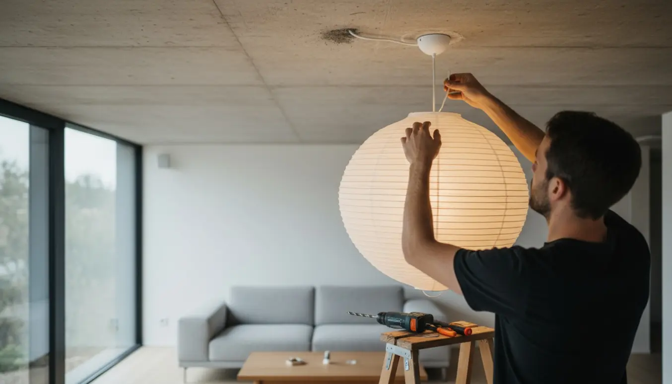Hænder på en stige monterer en rispapir loftslampe i en stue med betonloft.