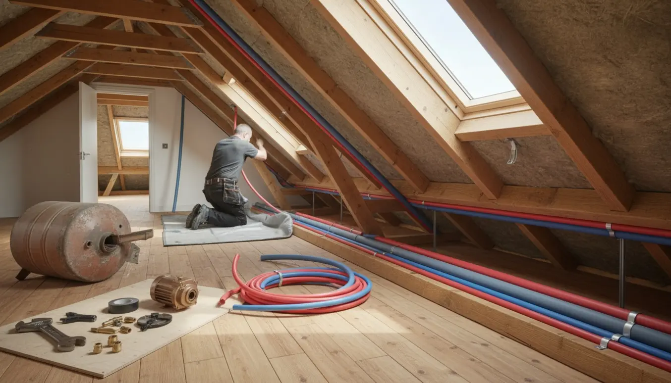 Isolerede varmtvandsrør føres over et rummeligt loft, mens en tekniker fjerner en gammel varmtvandsbeholder.