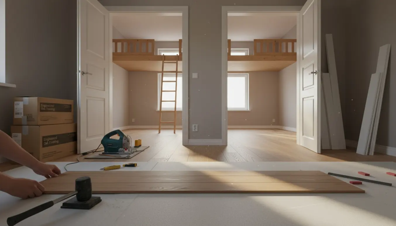 Udsnit af montering af trægulv i flere rum med planker, lysdæmpende underlag og fodlister.
