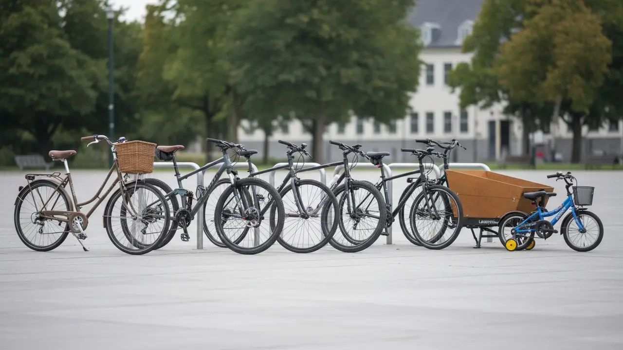 Forskellige cykeltyper opstillet ved siden af hinanden: citybike, mountainbike, racercykel, el- og ladcykel.