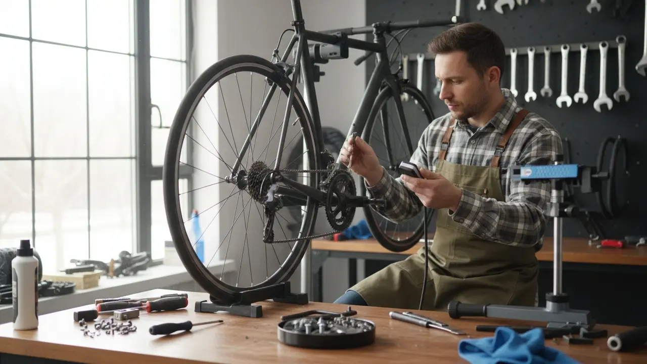 Cykel på stativ mens en mekaniker tjekker dæktryk og foretager vedligeholdelse i et værksted.