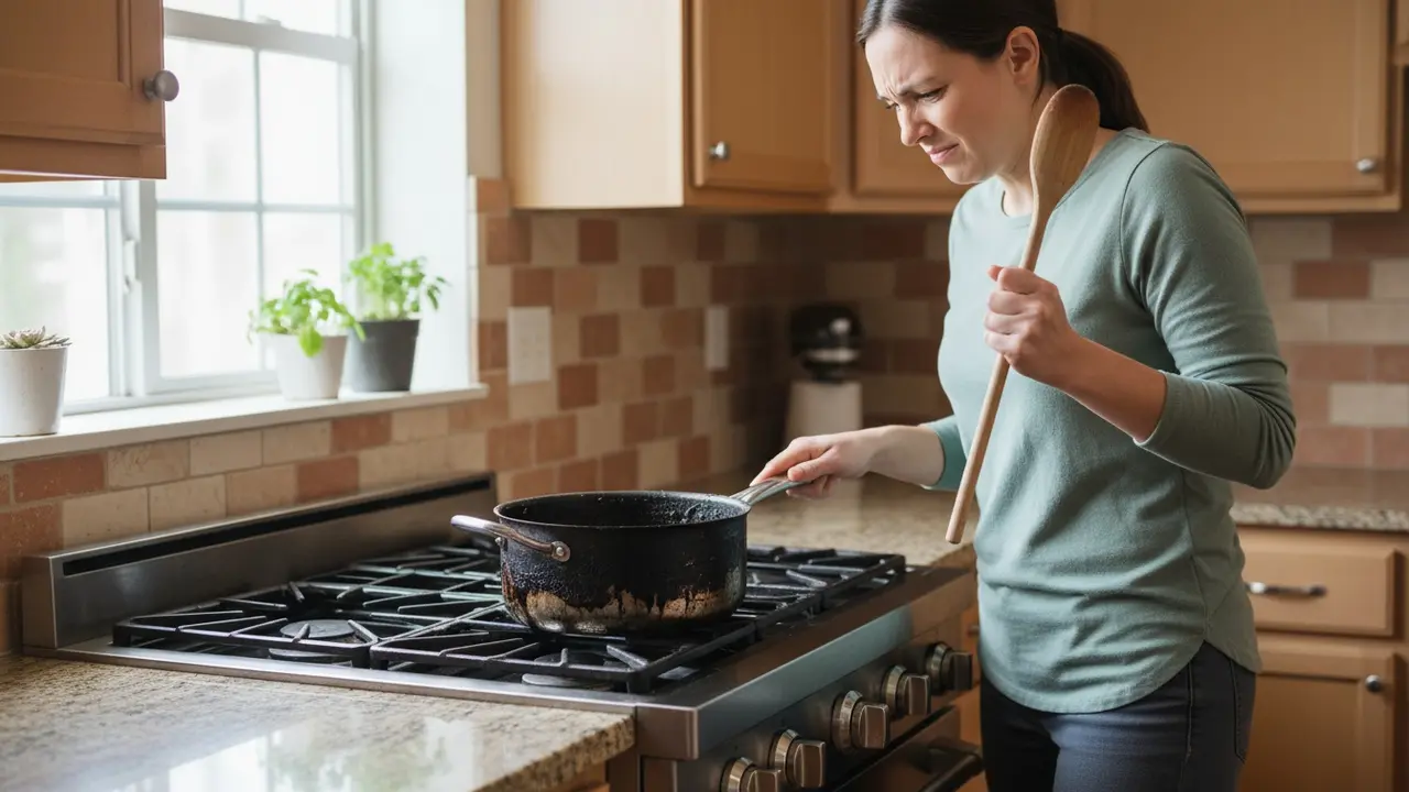 Person i køkken kigger på en brændt gryde på komfuret