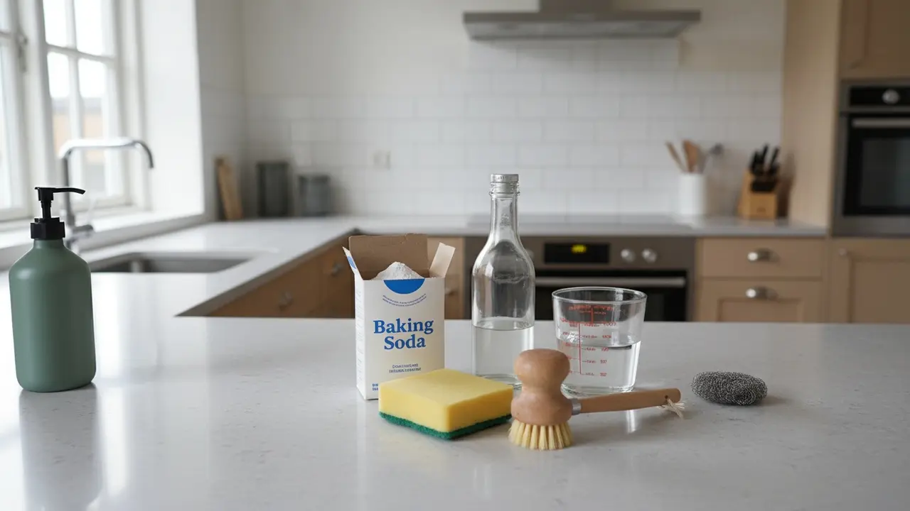 Rengøringsmidler på køkkenbord: bagepulver, eddike, børste og ståluld