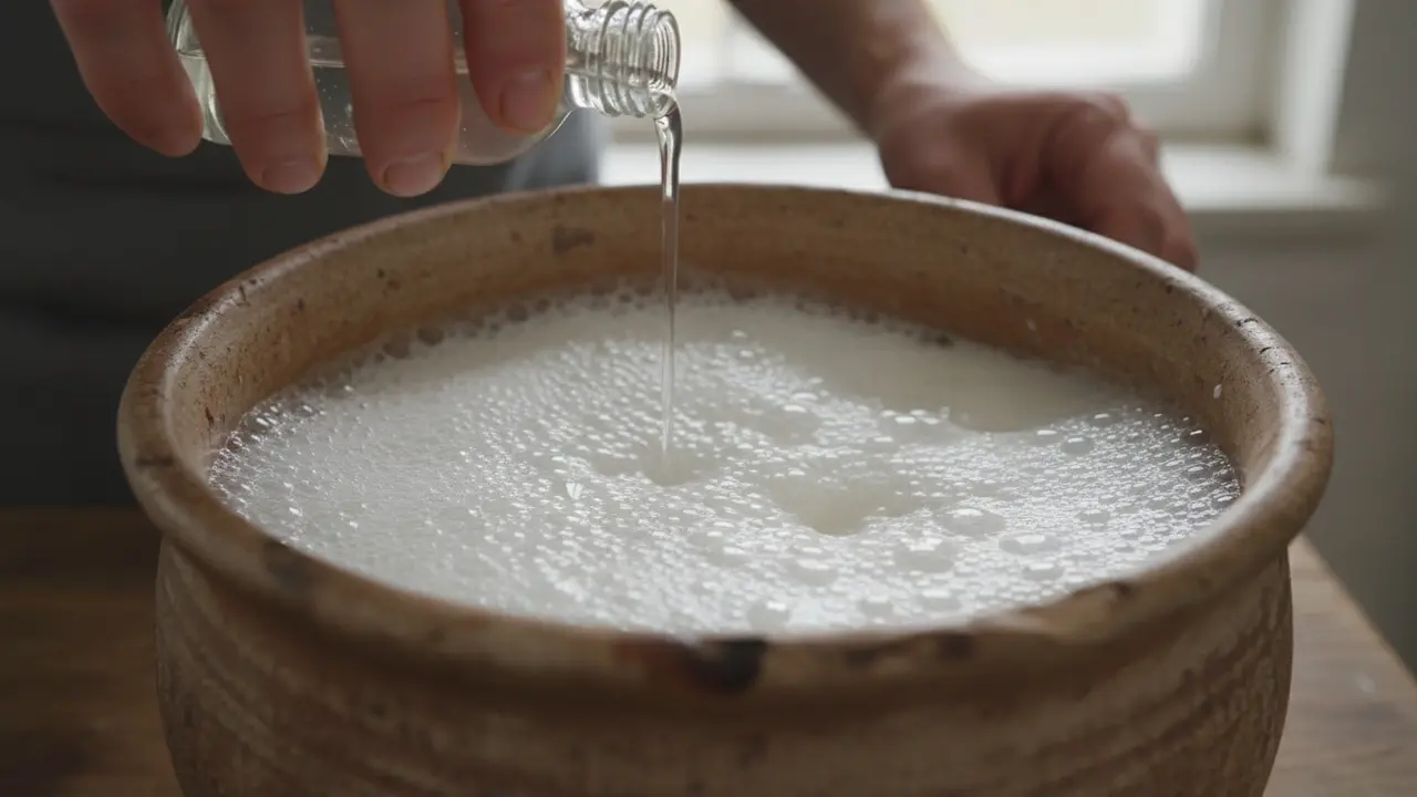 Nærbillede af bagepulver og eddike der bobler inde i en gryde