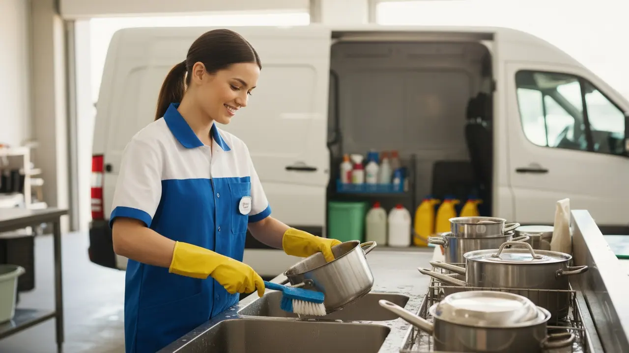 Professionel rengøringshjælper rengør gryder i køkken