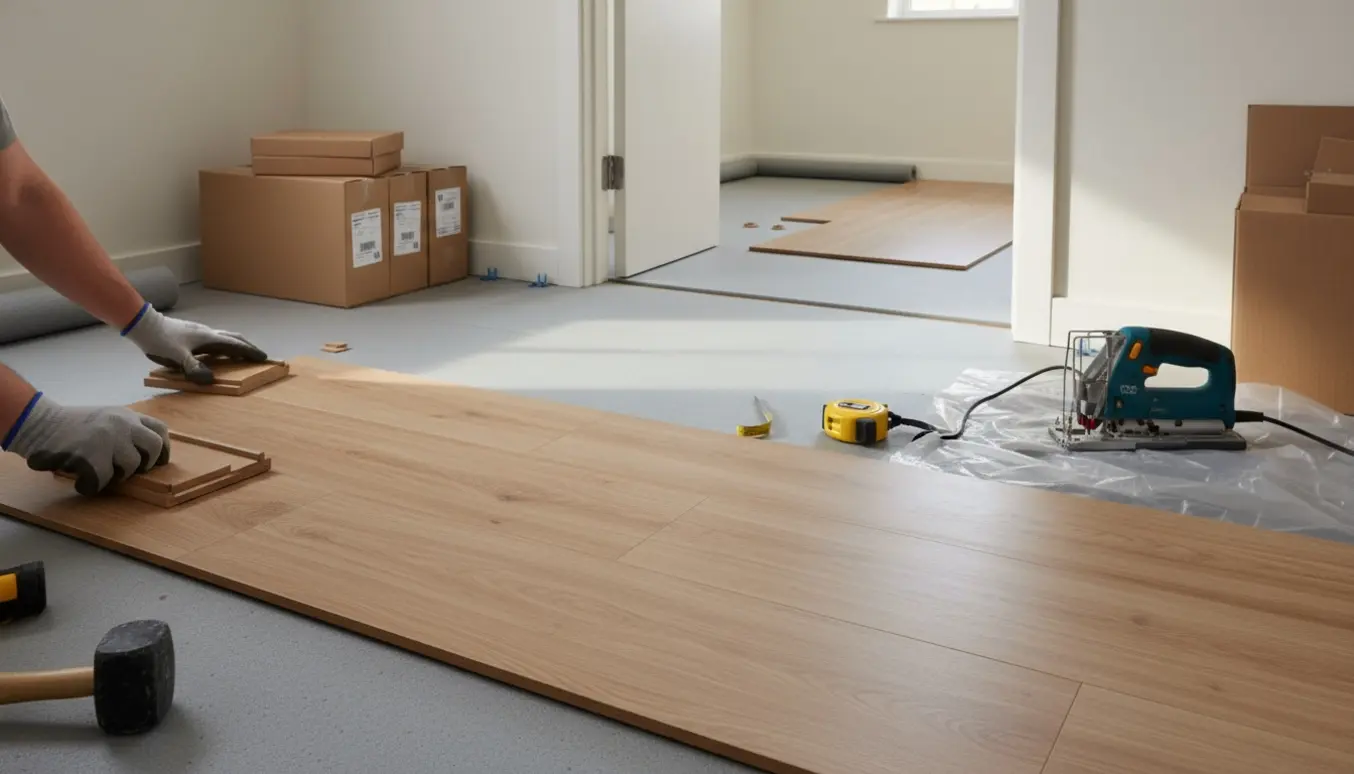 Delvist lagt klikgulv i to tomme værelser med underlag, plankestakke og værktøj klar.
