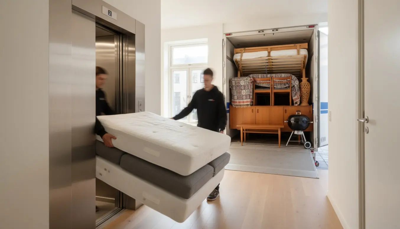 Flyttefolk fører madras og sofa ind i elevatoren ved en flytning med møbler pakket i en flyttebil.