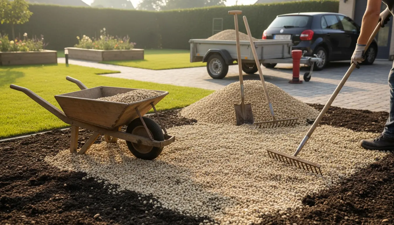 Person jævner jord og fordeler ærtesten i en have med bil og trailer i baggrunden.