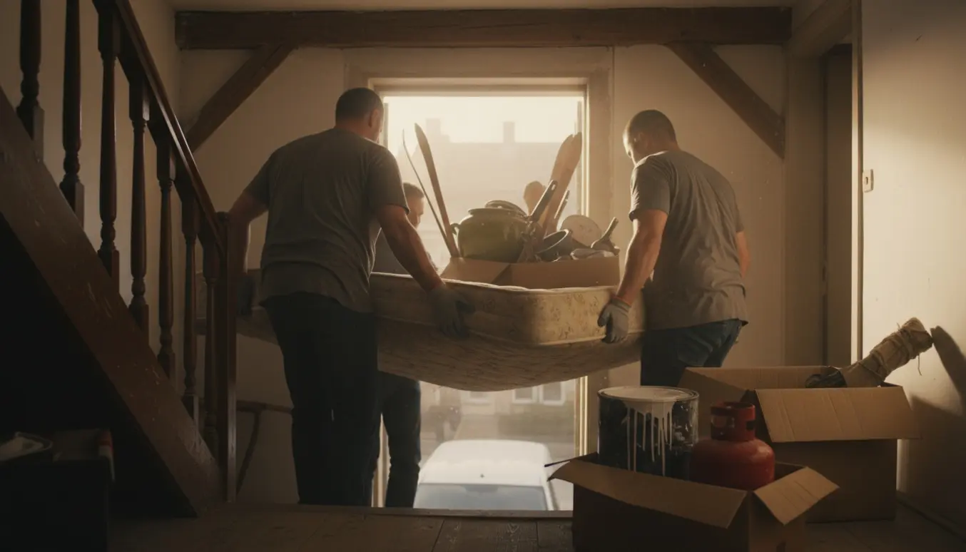 To personer bærer en madras og flyttekasser ned ad en smal trappe fra et loft, med synlige ski og en stor glaseret krukke.