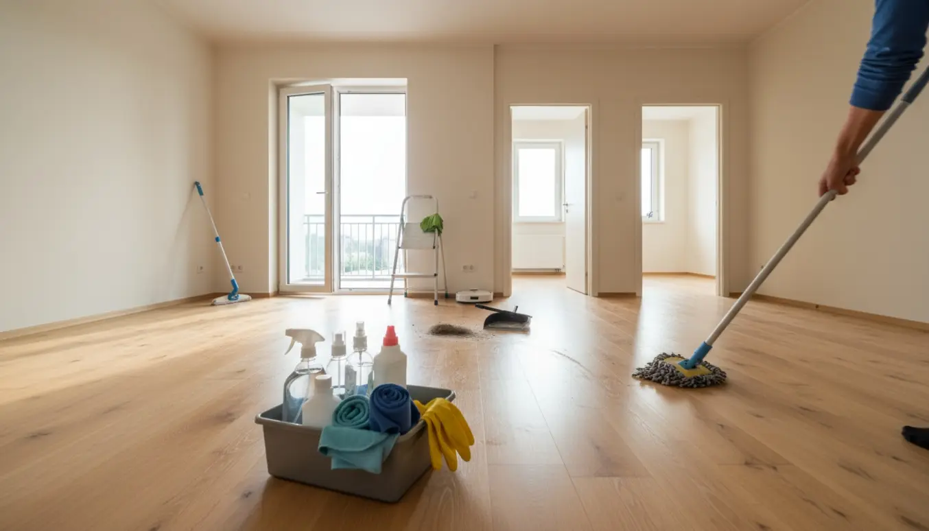 Rengøringsudstyr og en hånd med moppe i en sollys, tom lejlighed med åbne døre til flere rum.
