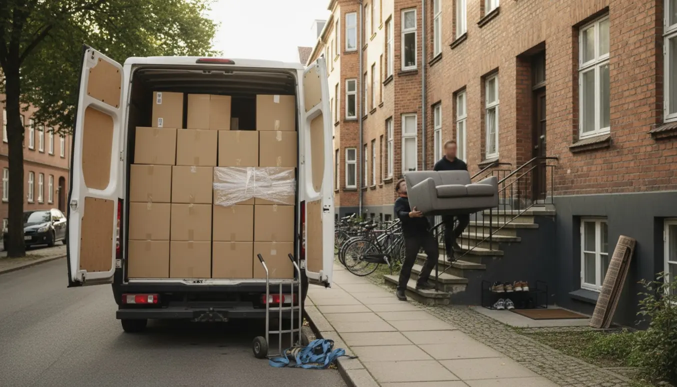 Åben flyttevogn med flyttekasser og tæpper, mens to personer bærer en sofa op ad en boligopgang i et københavnsk kvarter.