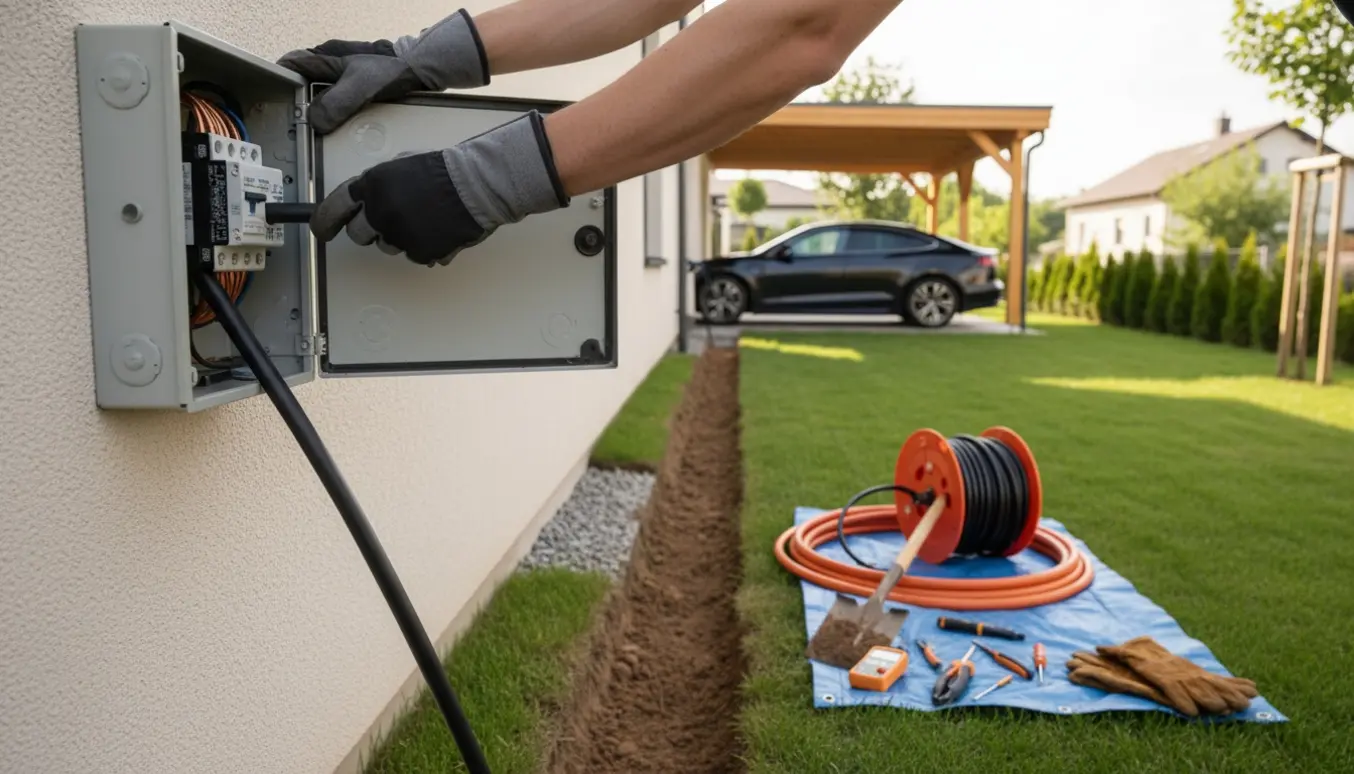 Nærbillede af tilslutning af kraftigt elbil-ladekabel til husets el-tavle med gravet rende mod carporten.
