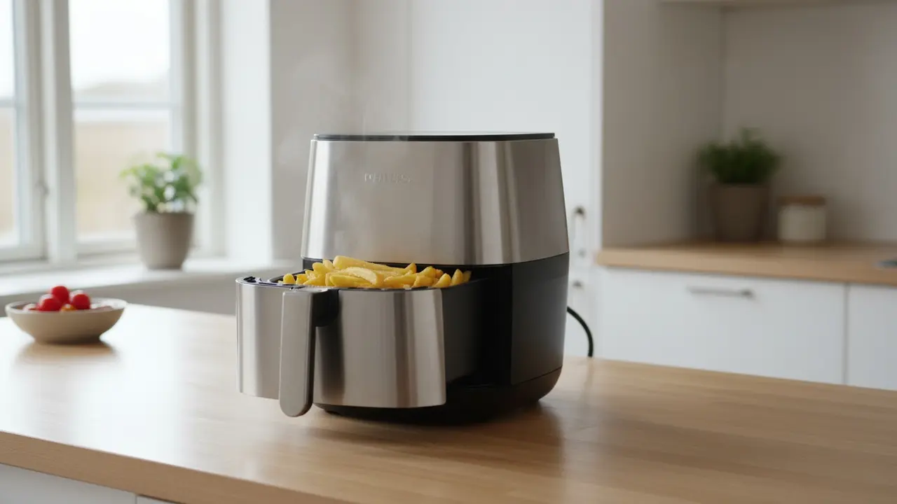 Moderne airfryer på køkkenbord med sprøde pommes frites i kurven