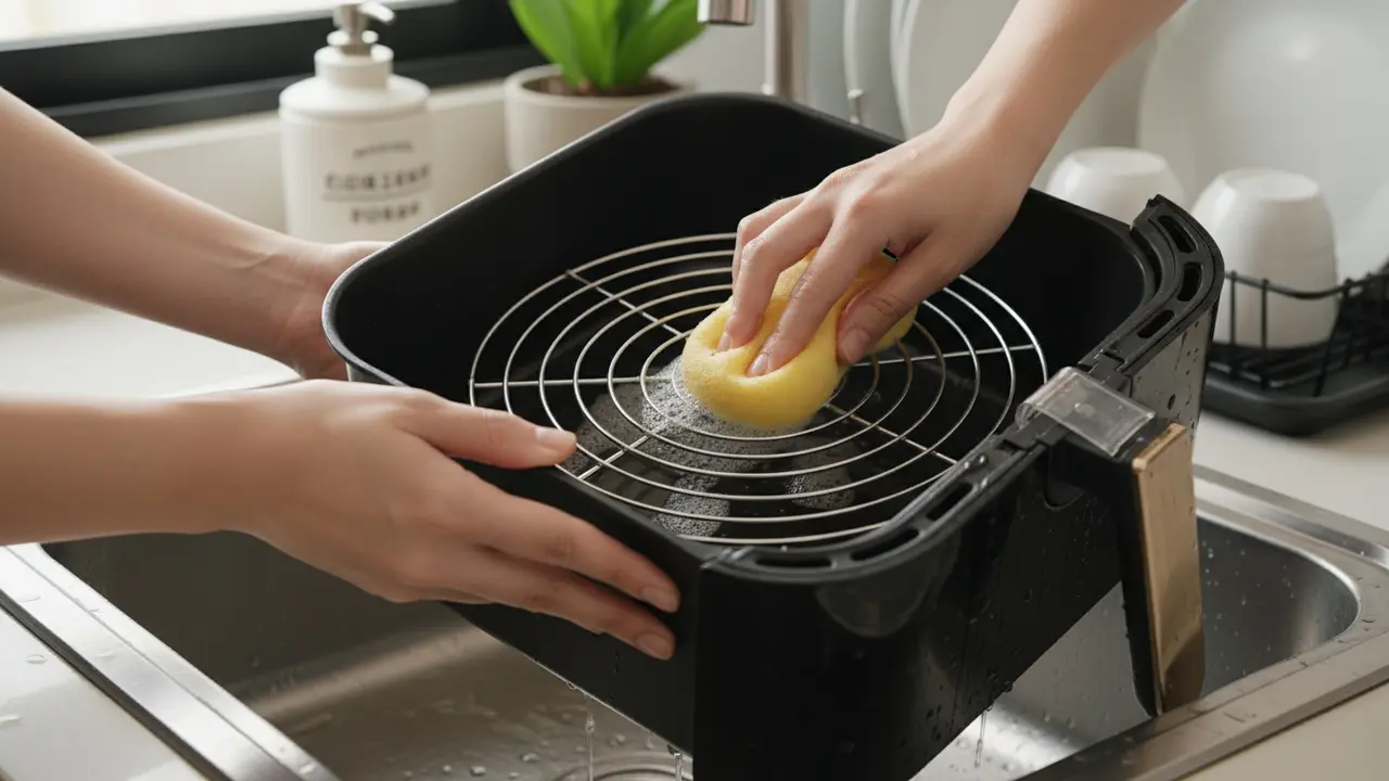 Hænder tager skuffe og rist ud af airfryer og vasker dem i vasken med blød svamp