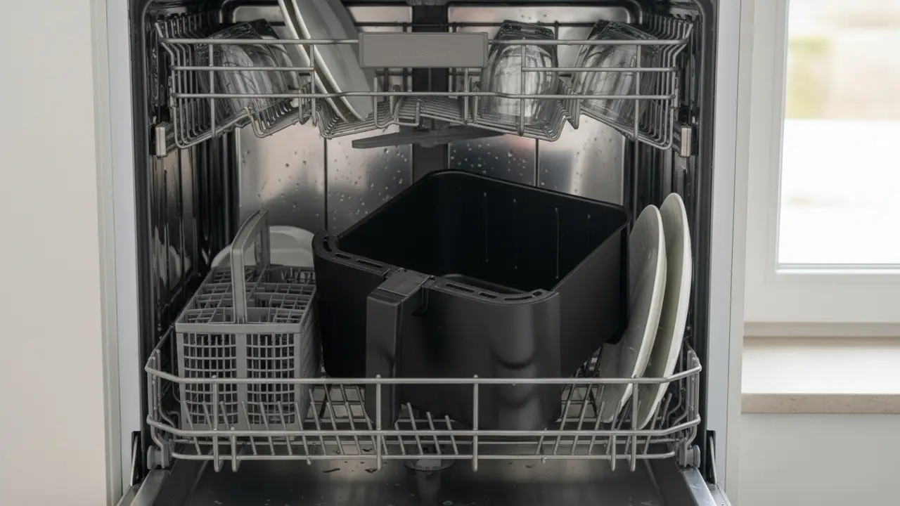 Airfryer-skuffe placeret i opvaskemaskinens stativ klar til vask