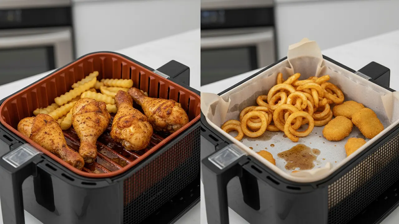Bagepapir og silikoneform lagt i airfryer-skuffe for at fange fedt