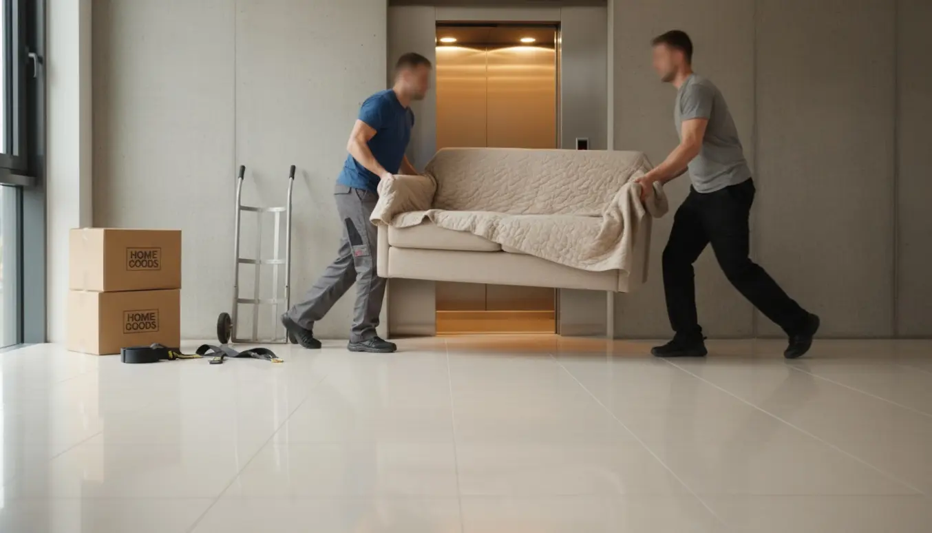 To flyttepersoner bærer en lille sofa til to–tre personer gennem opgangen mod en åben elevator.