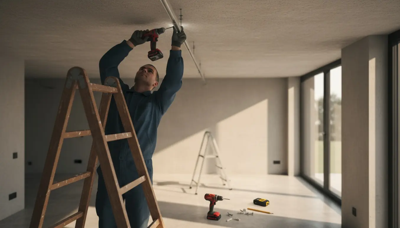 En person monterer en spotskinne ved et højt fire meter loft med stige og boremaskine.