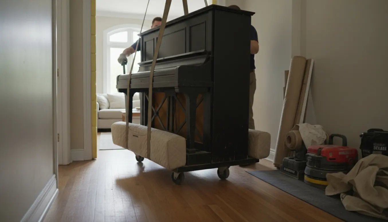 Tungt jernramme-klaver flyttes forsigtigt gennem en smal døråbning med løfteseler og gulvbeskyttelse.