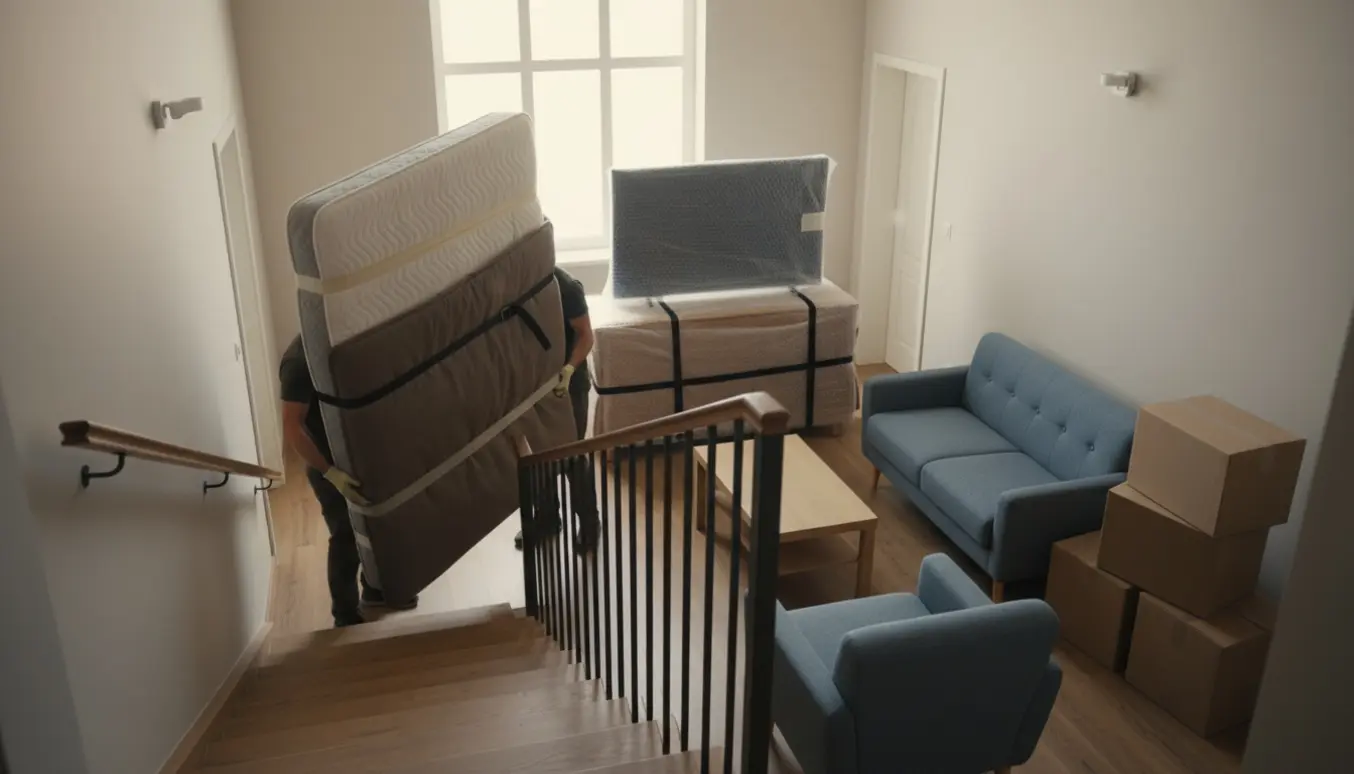 Flyttefolk bærer en indpakket seng og et tungt skænk i en opgang med møbler, TV og flyttekasser.
