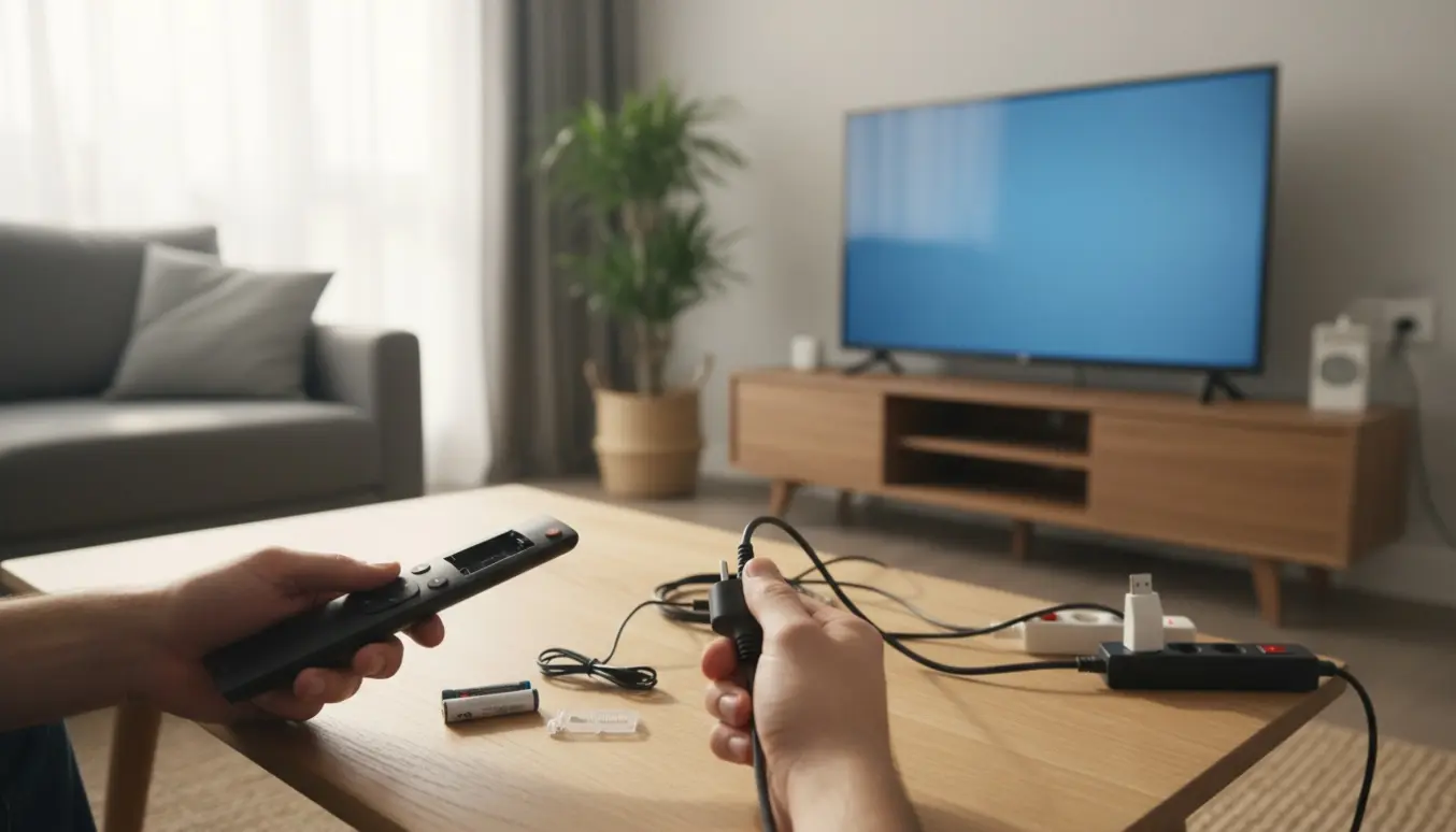 Hænder holder en fjernbetjening med åbent batterirum og et frakoblet tv-stik foran et tændt tv.