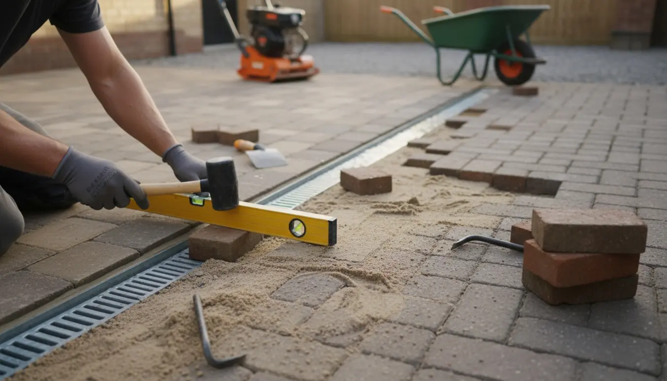 Hænder retter fliser ved en ny afløbsskinne i gården, mens trykkede mursten i indkørslen udskiftes.