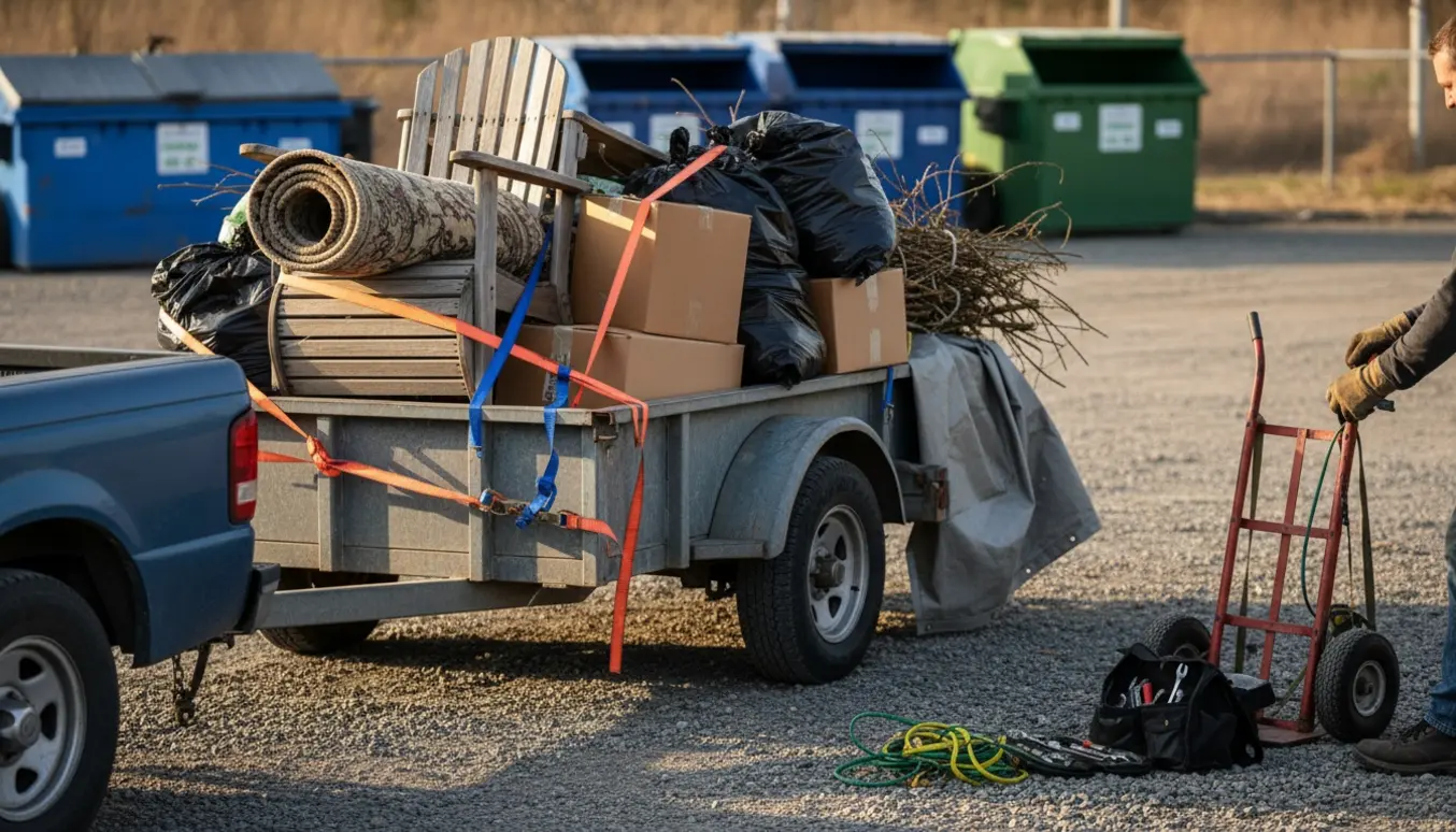 Lastet trailer ved en losseplads, hvor handsker og stropper bruges til at sikre affald og møbler.