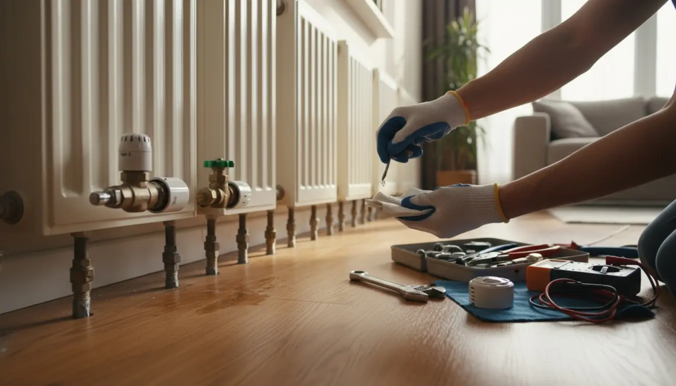 Hænder lufter en radiator med en nøgle foran fire radiatorer, én med en ny hvid termostat og værktøj på gulvet.