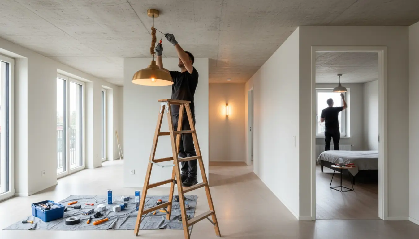 Hænder monterer en loftslampe i stuen, med en halvmonteret lampe i soveværelset og en oplyst lampe i gangen i baggrunden.