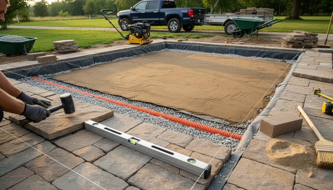 Byggeplads til en 32 m² flise/sten terrasse med udgravet fundament, stakke fliser, værktøj og synligt fiberkabel.