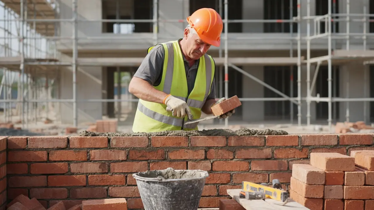 Murer lægger mursten med murske, mørtel og byggeplads i baggrunden
