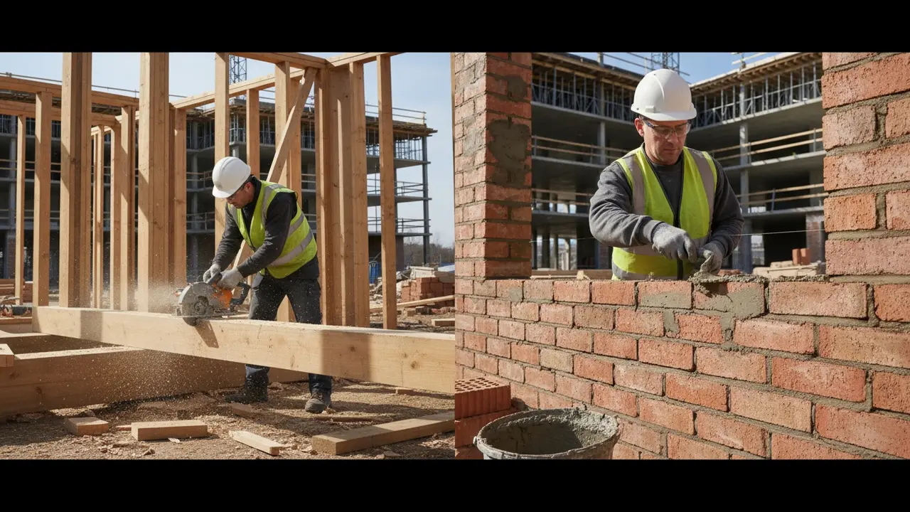 Tømrer arbejder med træ til venstre og murer bygger mur til højre på samme byggeplads