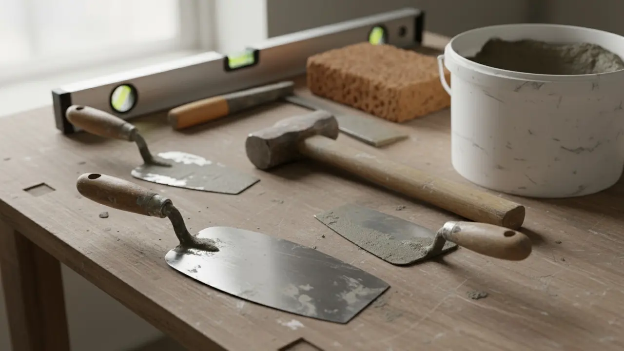 Oversigt over murerens håndværktøj: murske, pudseske, vaterpas og mørtelbalje
