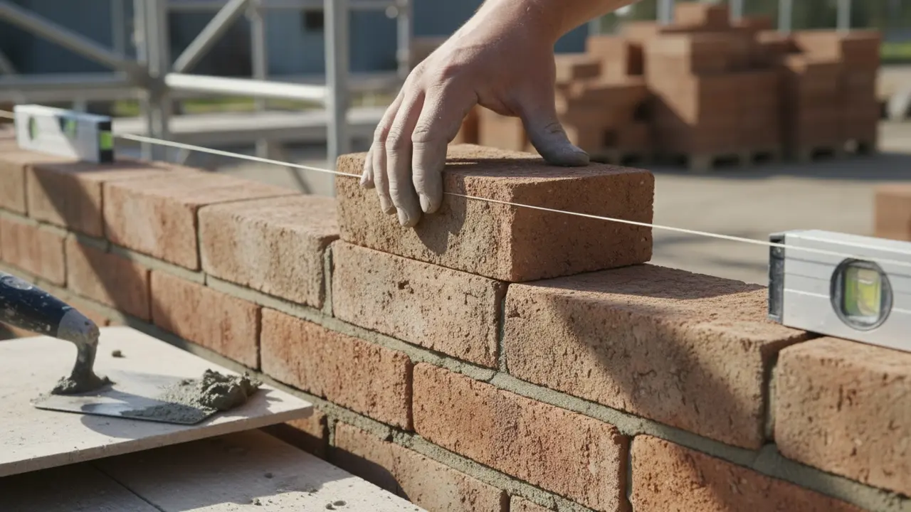 Nærbillede af skifteforbandt med snor og vaterpas, viser forskudte mursten