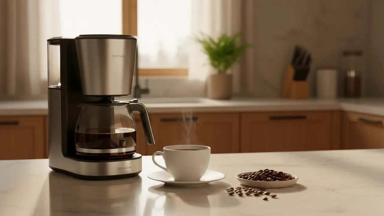 Ren kaffemaskine på køkkenbord med friskbrygget kop kaffe