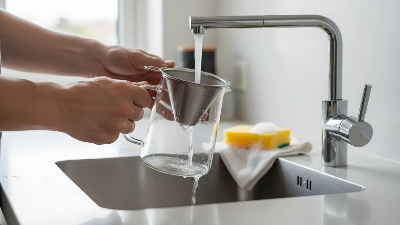 Hænder skyller kaffekande og kaffefilter under vandhanen