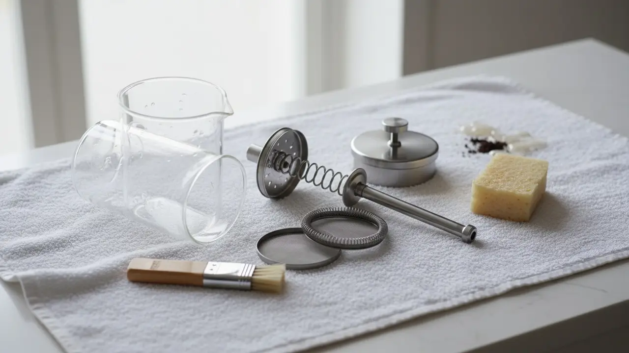 Adskilt stempelkande med filter og dele på håndklæde klar til rengøring