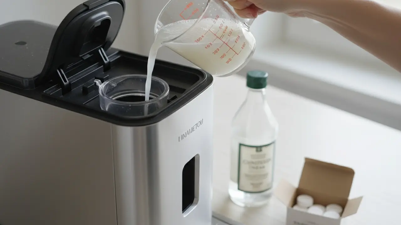 Målebæger hælder afkalkningsopløsning i kaffemaskinens vandbeholder