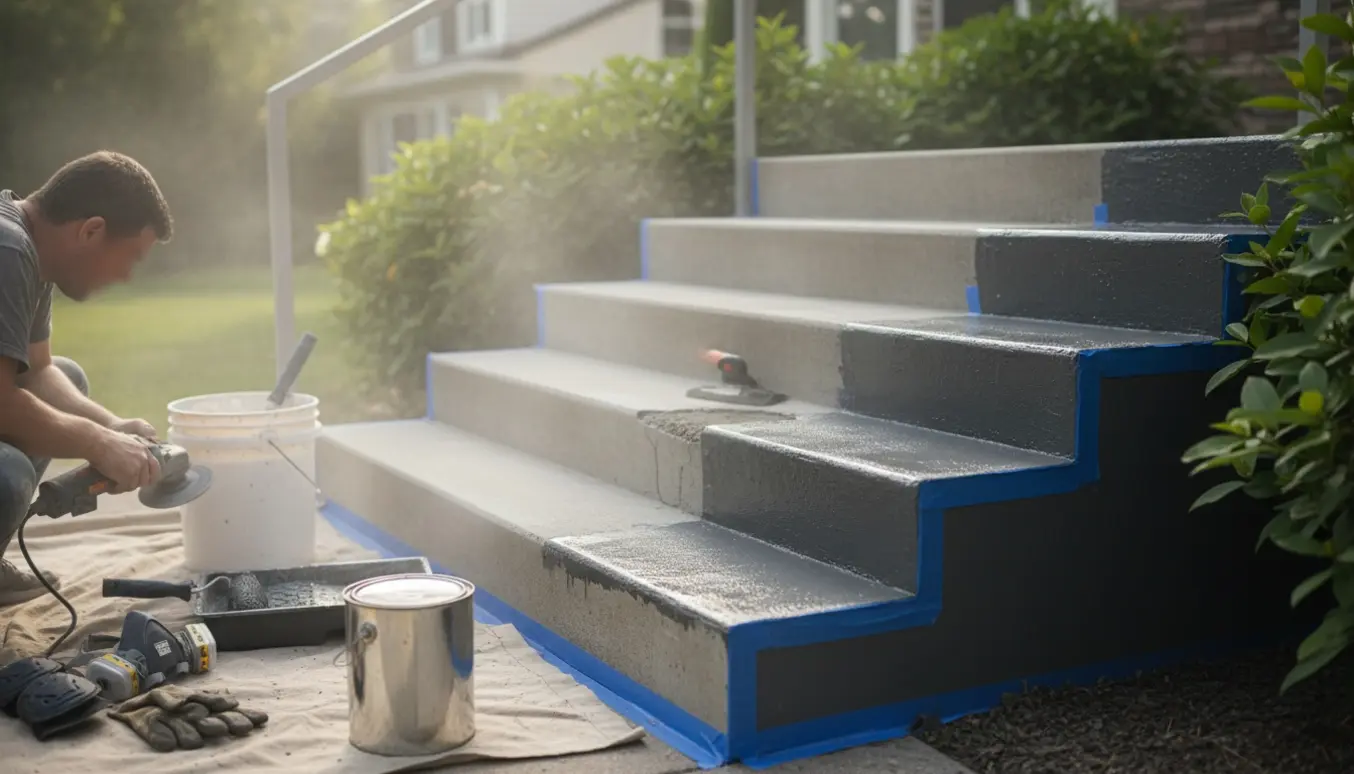 Udendørs betontrappe ved hovedindgang, hvor trin slibes og halvvejs males med epoxy, med værktøj og materialer klar.