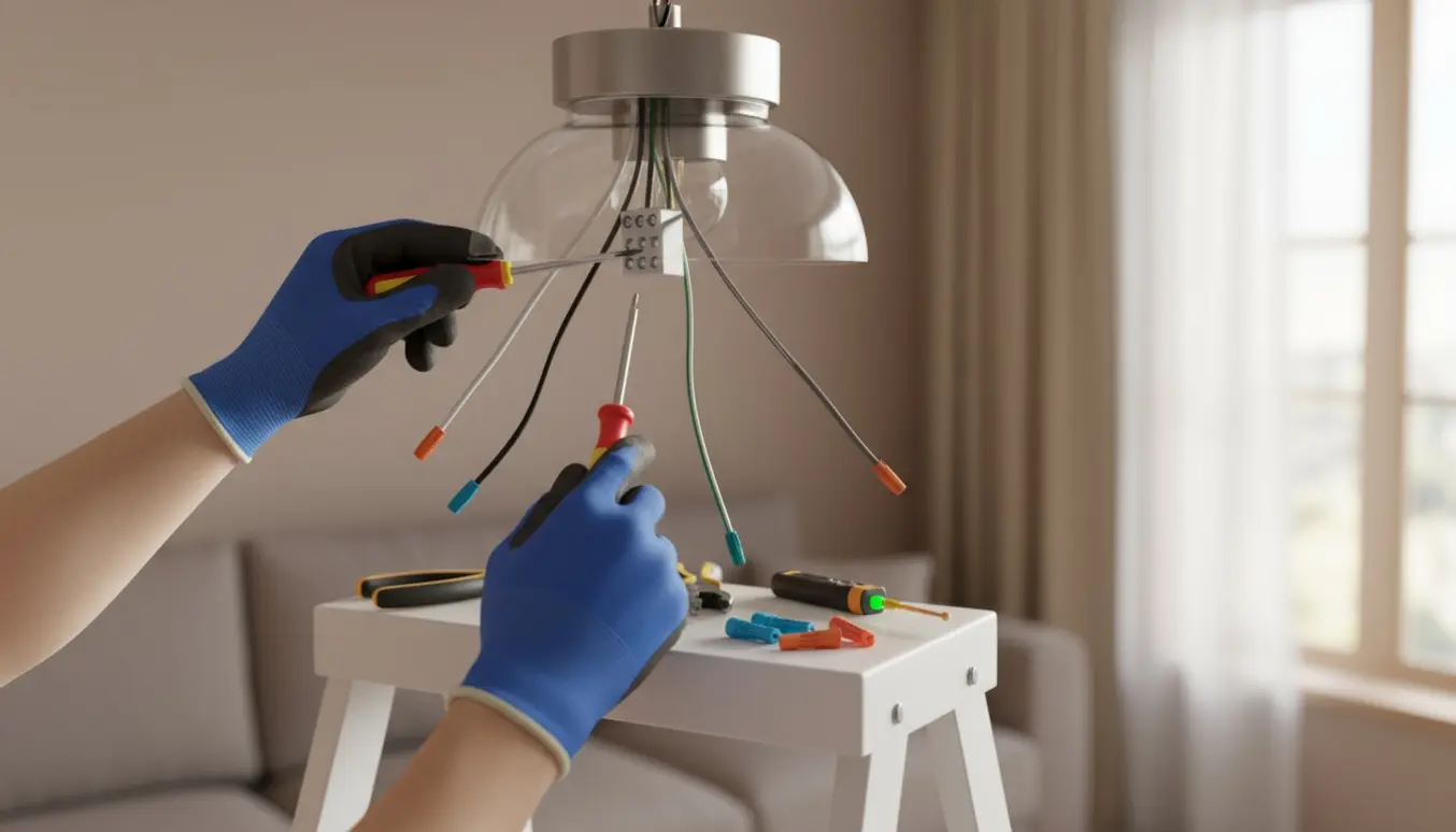 Nærbillede af hænder, der forbinder loftets ledninger ved en monteret lampe på en stige.