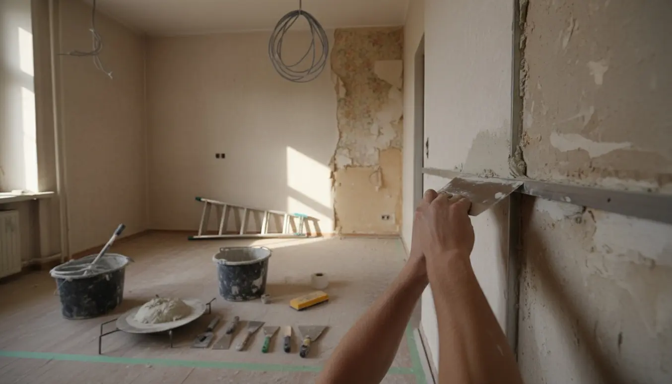 Spartelarbejde i ældre rum med synlige elkabler i loftet, forstærket hjørne og værktøj.