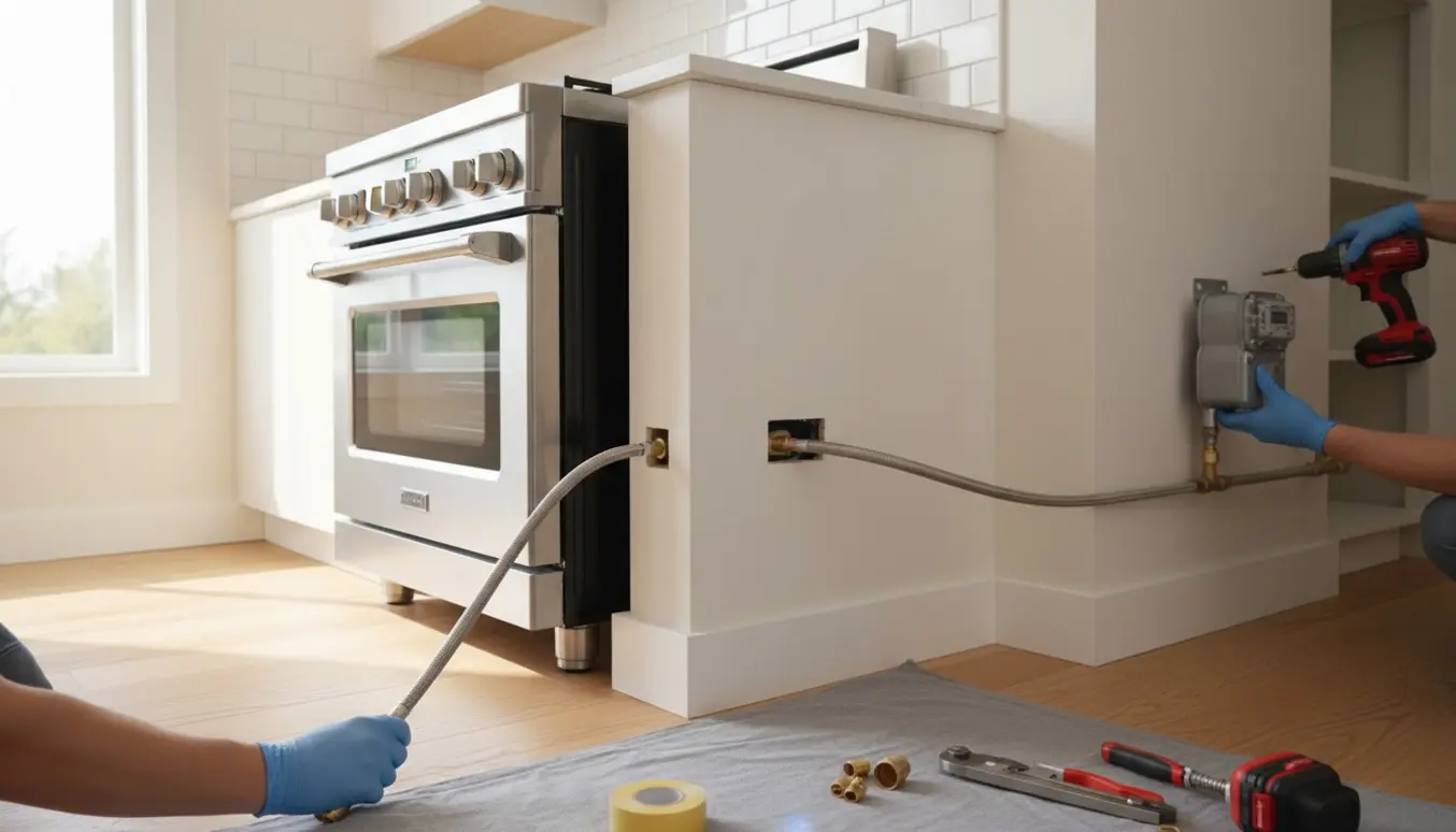 Installatør tilslutter gaskomfur gennem en halvvæg og monterer en gasmåler i et lyst køkken.
