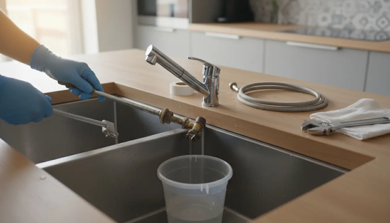 Hænder udskifter et køkkenarmatur med en basin wrench under vasken, nyt identisk armatur ligger klar på bordet.