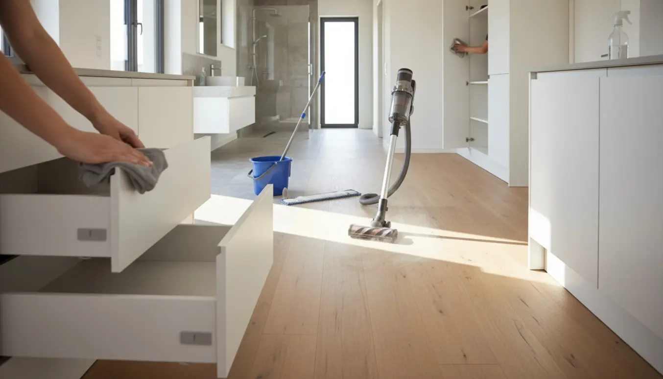 Rengøring af nyt hus med åbne køkkenskuffer, støvsuger og gulvmoppe, uden synlige ansigter.