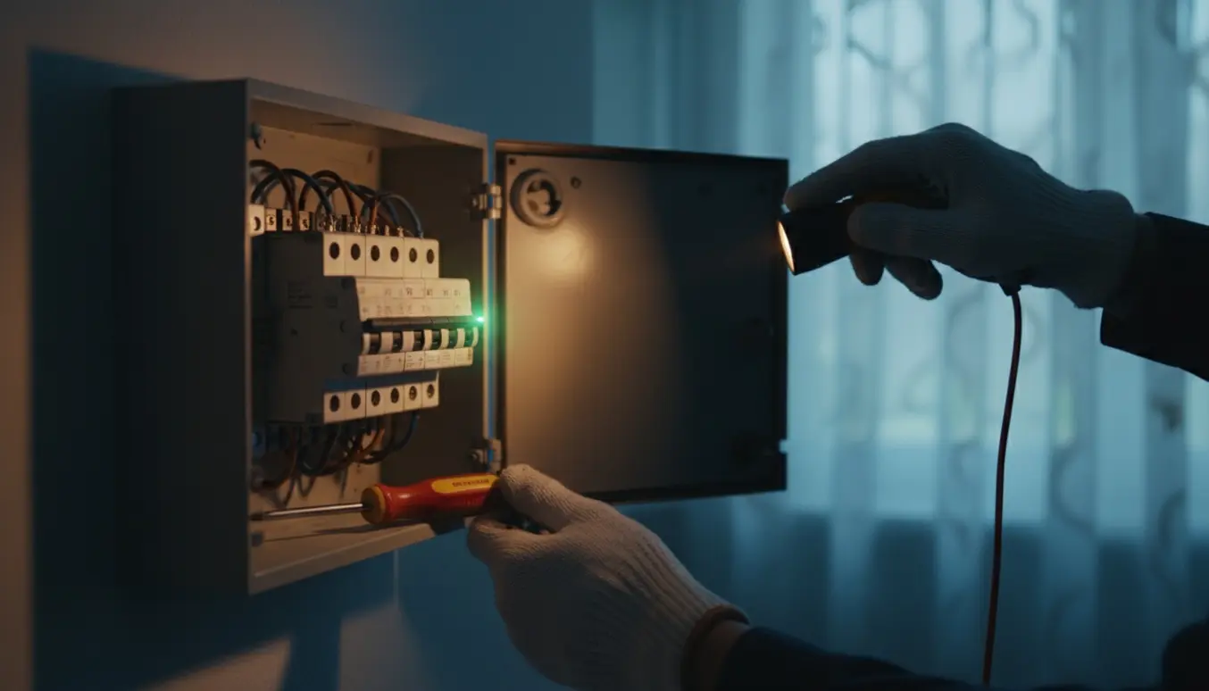 Nærbillede af åbent eltavle, hånd med spændingstester tjekker HFI-relæ under strømafbrydelse.