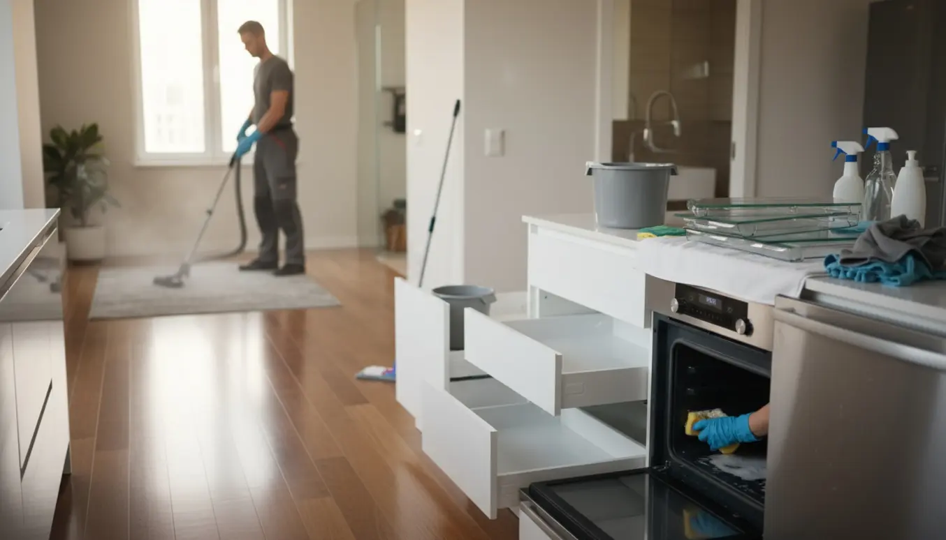 Handskerens hænder rengør ovn og køleskab i et lyst, ryddeligt hjem ved slutrengøring.