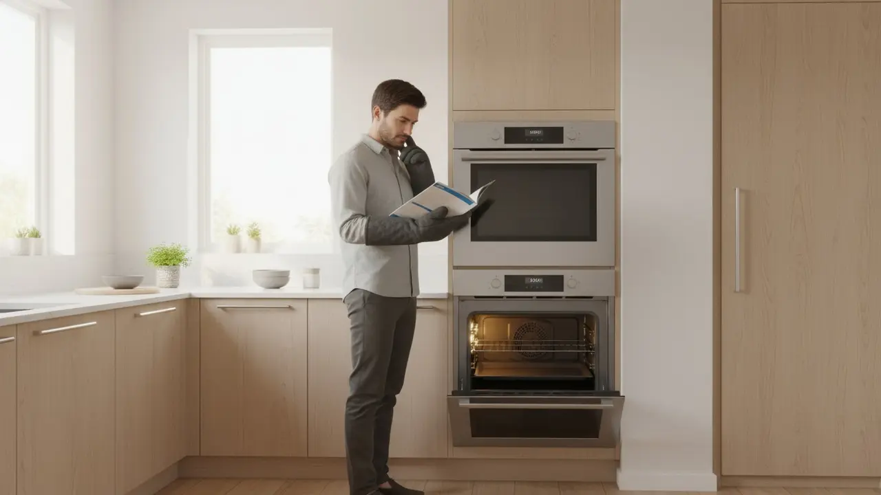Person læser ovnens brugsanvisning ved en moderne ovn i et lyst køkken